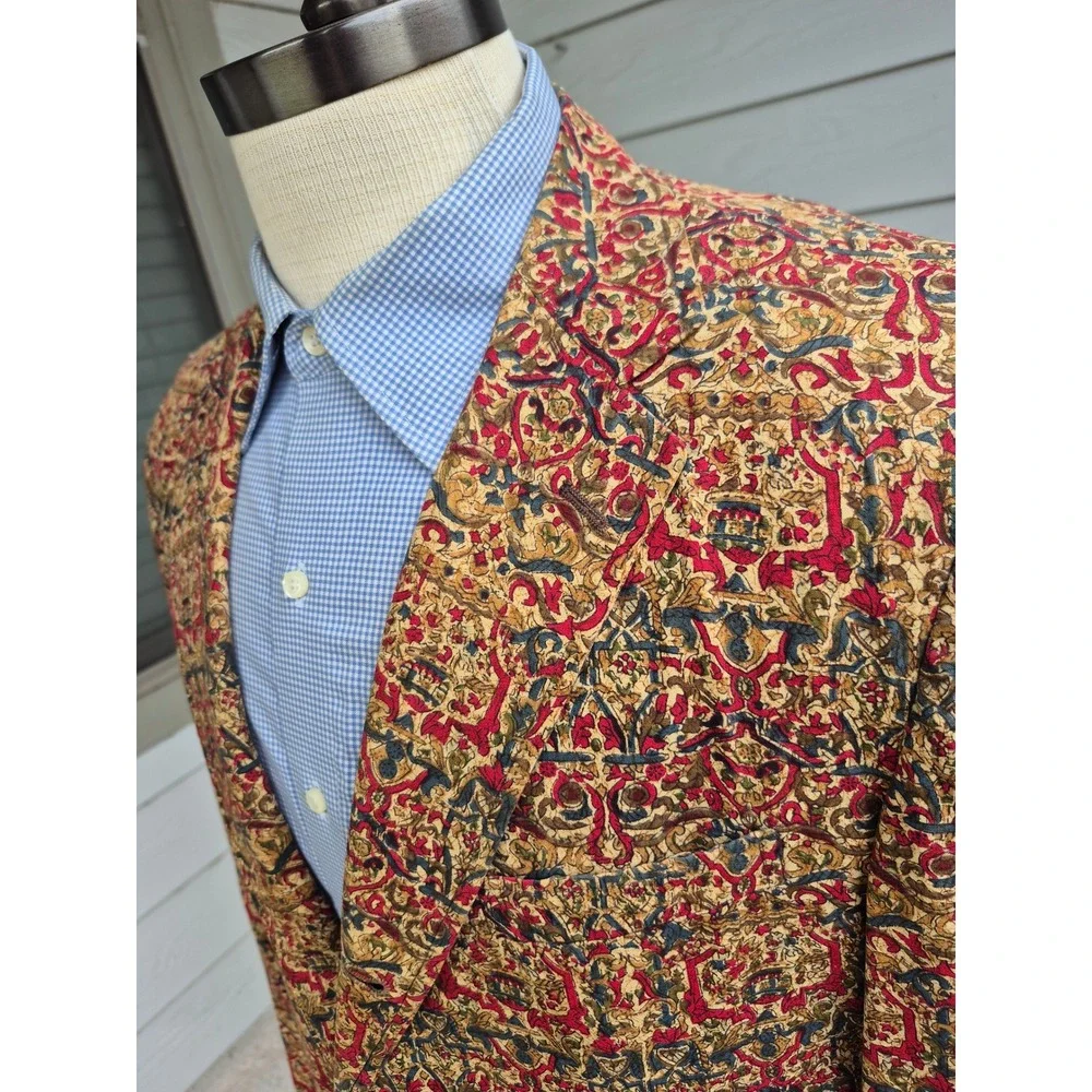 Vintage Massey's Charka Batik Blazer Mens Handwoven Tan Red Gold Sport Coat 43 R